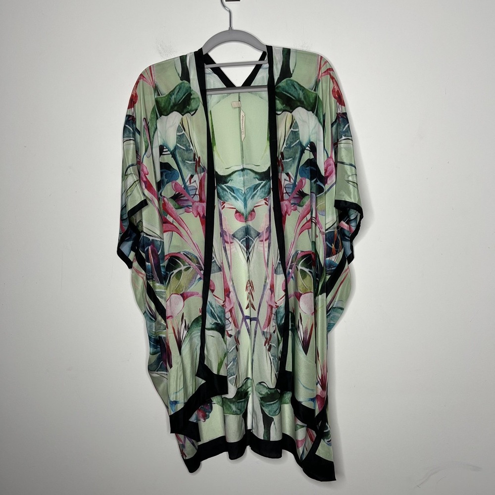 Soft Surroundings Silk Kimono Womens S/M Green Tropical Floral Print Sheer Light